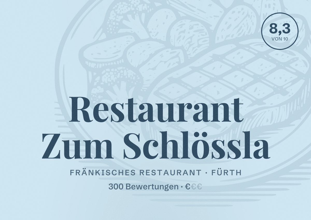 Illustriertes Poster von Restaurant Zum Schlössla, Fränkisches Restaurant in Fürth: Bewertung 8,3 von 10 aus 300 Bewertungen, Preisniveau €