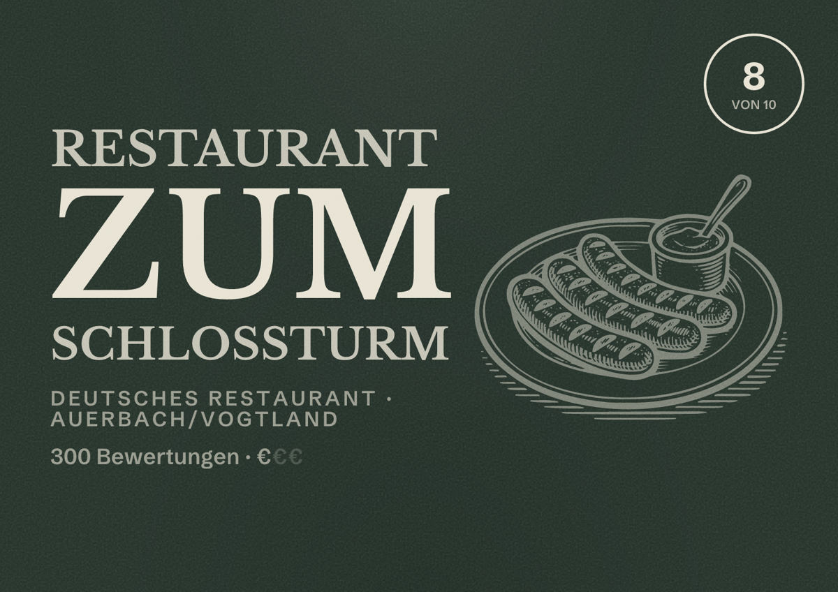 Illustriertes Poster von Restaurant Zum Schlossturm, Deutsches Restaurant in Auerbach/Vogtland: Bewertung 8 von 10 aus 300 Bewertungen, Preisniveau €