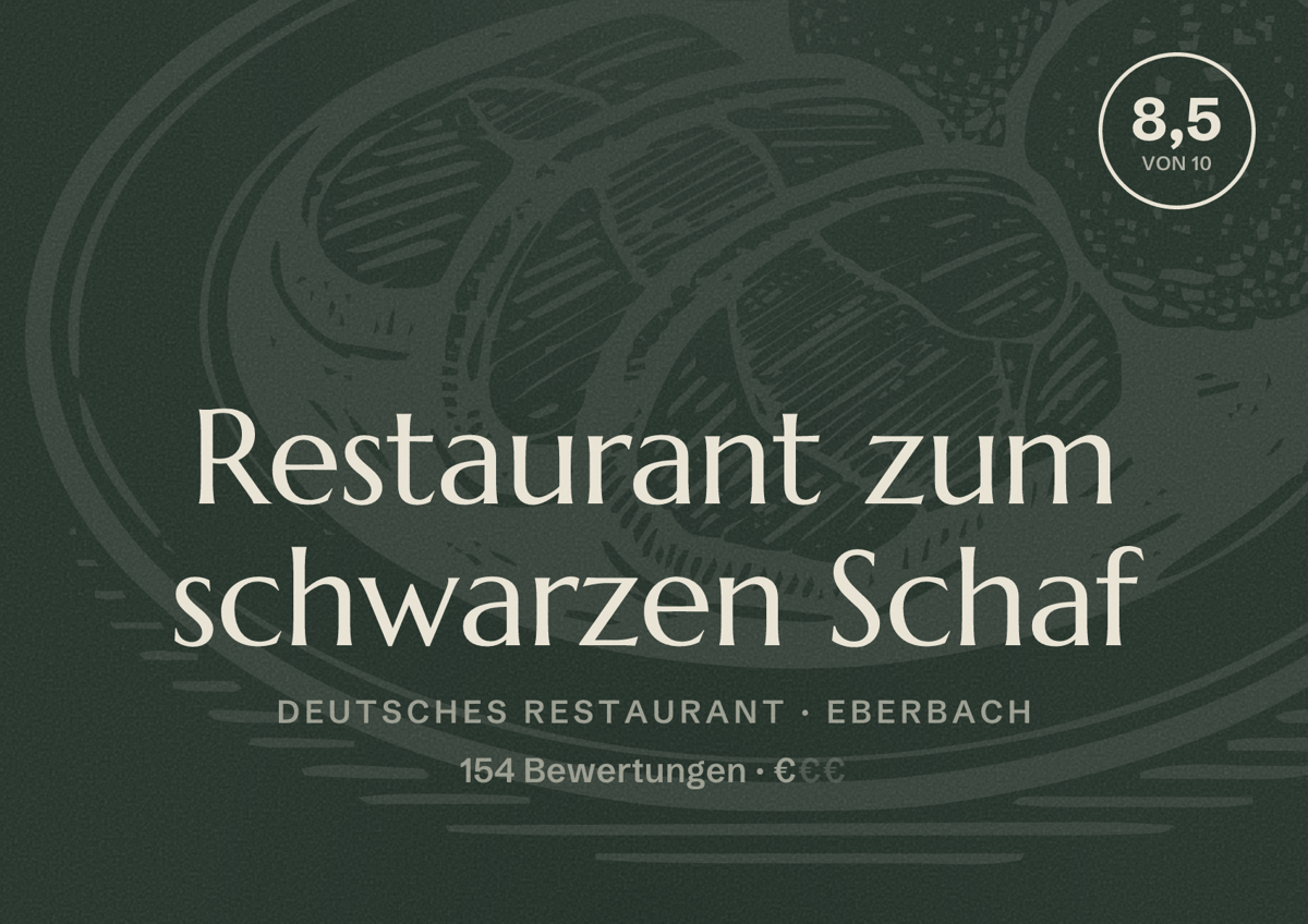 Illustriertes Poster von Restaurant zum schwarzen Schaf, Deutsches Restaurant in Eberbach: Bewertung 8,5 von 10 aus 154 Bewertungen, Preisniveau €