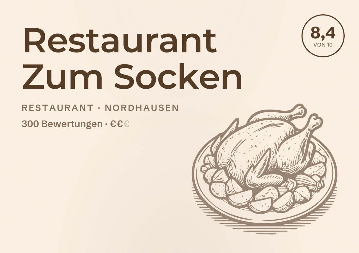 Illustriertes Poster von Restaurant Zum Socken, Restaurant in Nordhausen: Bewertung 8,4 von 10 aus 300 Bewertungen, Preisniveau €€