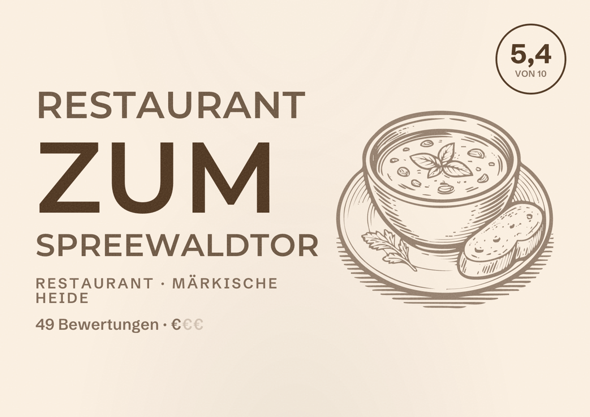 Illustriertes Poster von Restaurant zum Spreewaldtor, Restaurant in Märkische Heide: Bewertung 5,4 von 10 aus 49 Bewertungen, Preisniveau €
