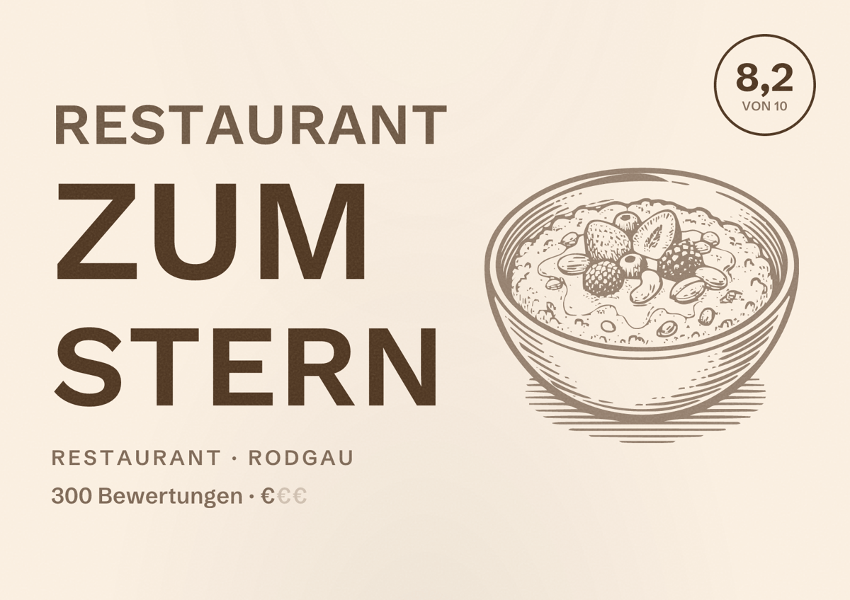 Illustriertes Poster von Restaurant Zum Stern, Restaurant in Rodgau: Bewertung 8,2 von 10 aus 300 Bewertungen, Preisniveau €