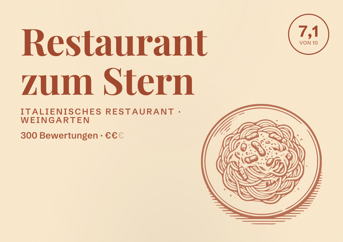 Illustriertes Poster von Restaurant zum Stern, Italienisches Restaurant in Weingarten: Bewertung 7,1 von 10 aus 300 Bewertungen, Preisniveau €€