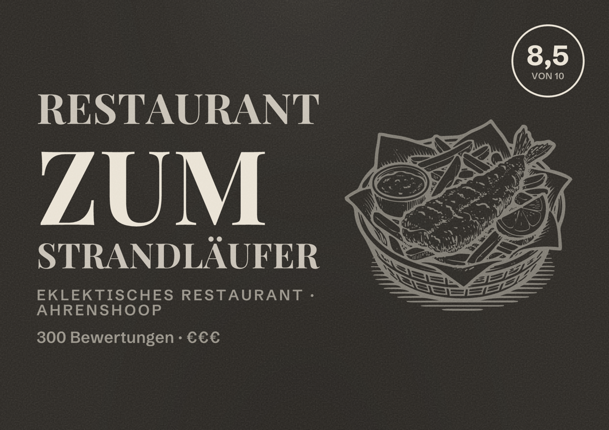 Illustriertes Poster von Restaurant Zum Strandläufer, Eklektisches Restaurant in Ahrenshoop: Bewertung 8,5 von 10 aus 300 Bewertungen, Preisniveau €€€