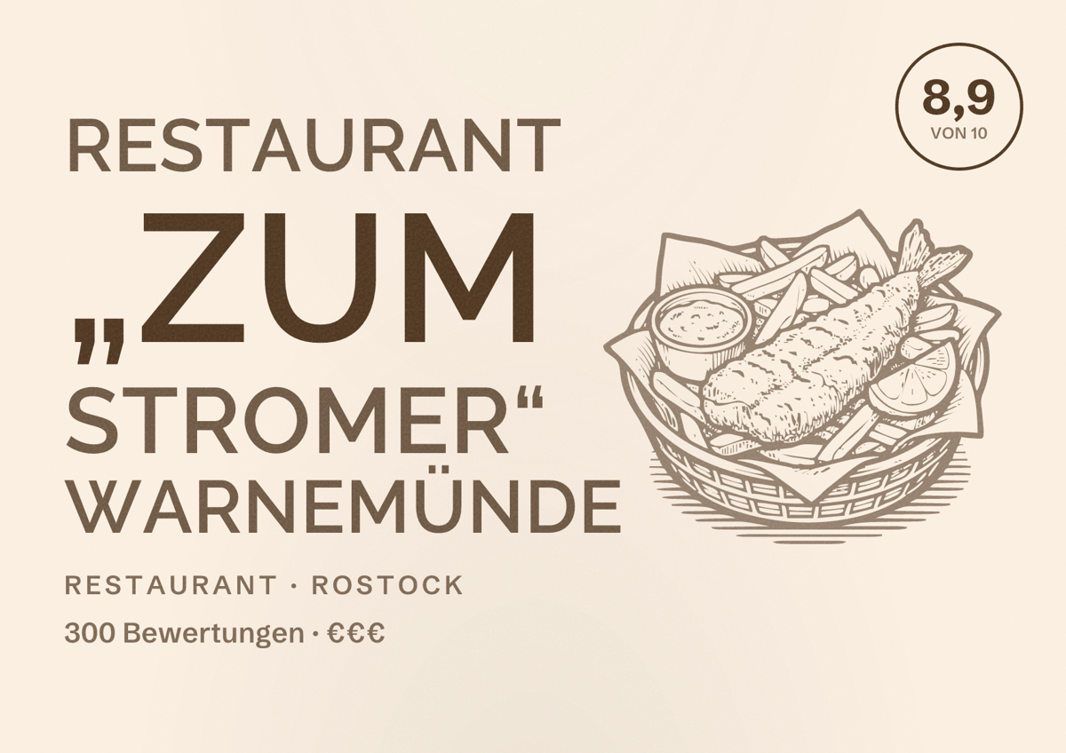 Illustriertes Poster von Restaurant „Zum Stromer“ Warnemünde, Restaurant in Rostock: Bewertung 8,9 von 10 aus 300 Bewertungen, Preisniveau €€€