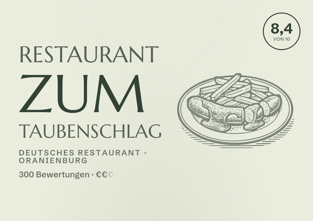 Illustriertes Poster von Restaurant zum Taubenschlag, Deutsches Restaurant in Oranienburg: Bewertung 8,4 von 10 aus 300 Bewertungen, Preisniveau €€