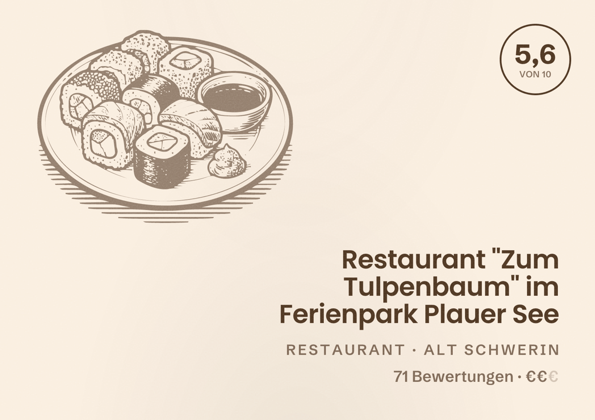 Illustriertes Poster von Restaurant "Zum Tulpenbaum" im Ferienpark Plauer See, Restaurant in Alt Schwerin: Bewertung 5,6 von 10 aus 71 Bewertungen, Preisniveau €€