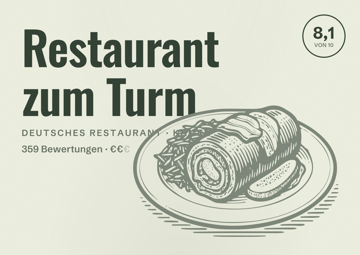 Illustriertes Poster von Restaurant zum Turm, Deutsches Restaurant in Kamen: Bewertung 8,1 von 10 aus 359 Bewertungen, Preisniveau €€