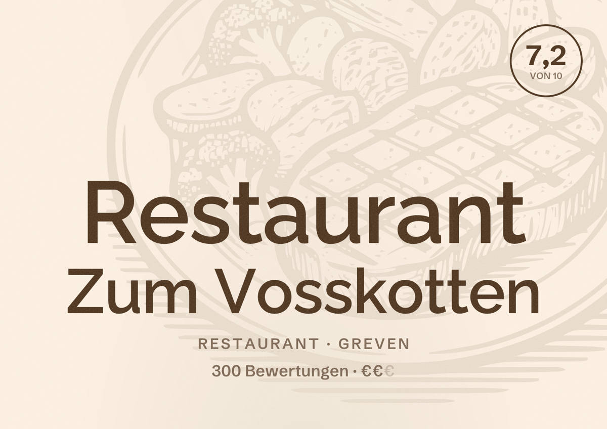 Illustriertes Poster von Restaurant Zum Vosskotten, Restaurant in Greven: Bewertung 7,2 von 10 aus 300 Bewertungen, Preisniveau €€
