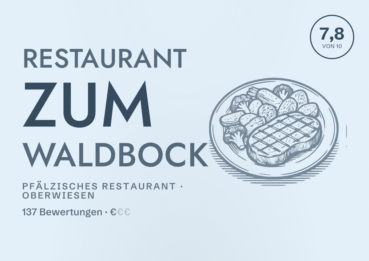 Illustriertes Poster von Restaurant Zum Waldbock, Pfälzisches Restaurant in Oberwiesen: Bewertung 7,8 von 10 aus 137 Bewertungen, Preisniveau €