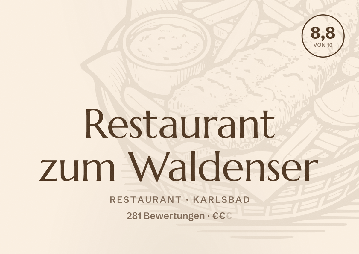 Illustriertes Poster von Restaurant zum Waldenser, Restaurant in Karlsbad: Bewertung 8,8 von 10 aus 281 Bewertungen, Preisniveau €€