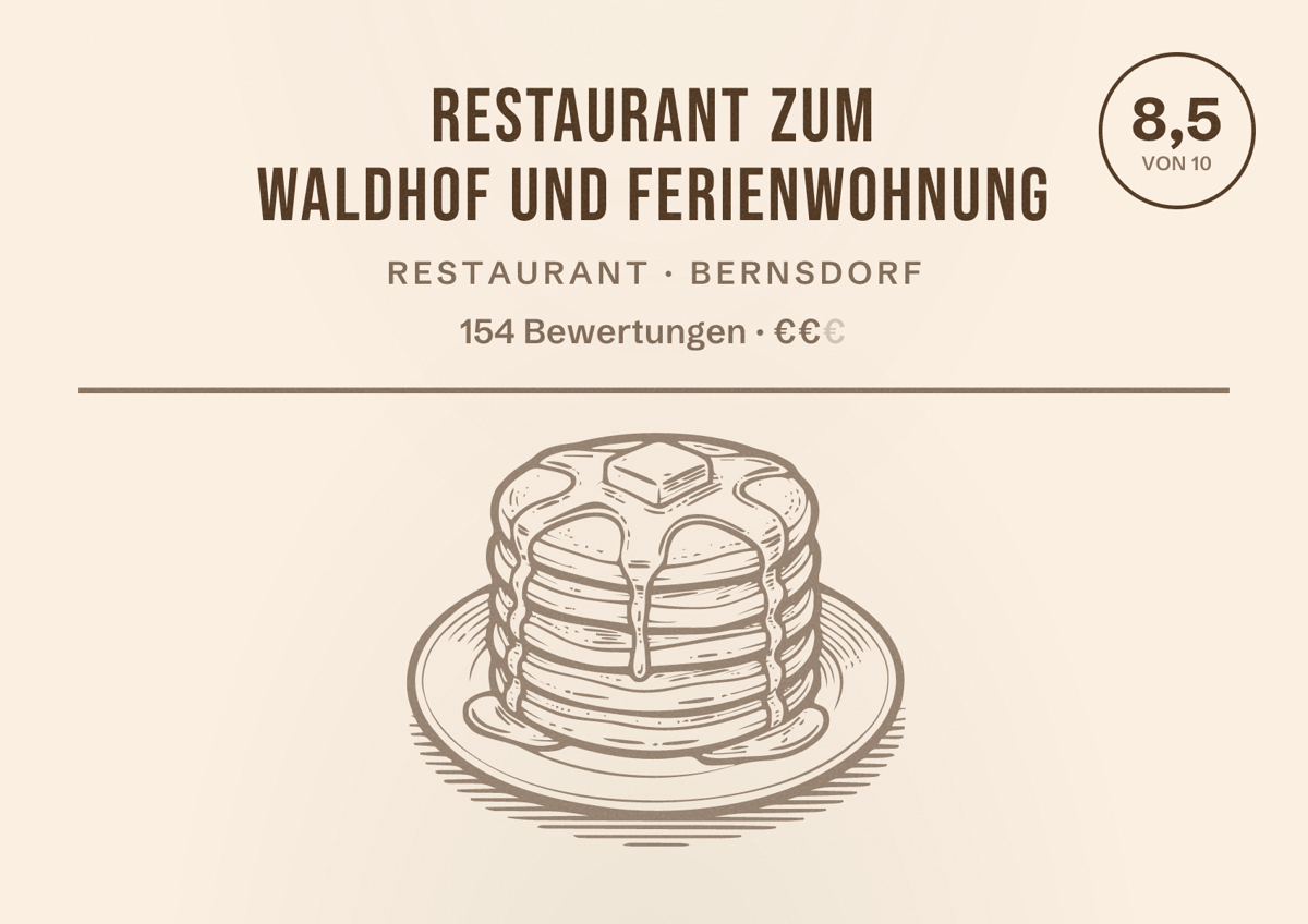 Illustriertes Poster von Restaurant Zum Waldhof und Ferienwohnung, Restaurant in Bernsdorf: Bewertung 8,5 von 10 aus 154 Bewertungen, Preisniveau €€