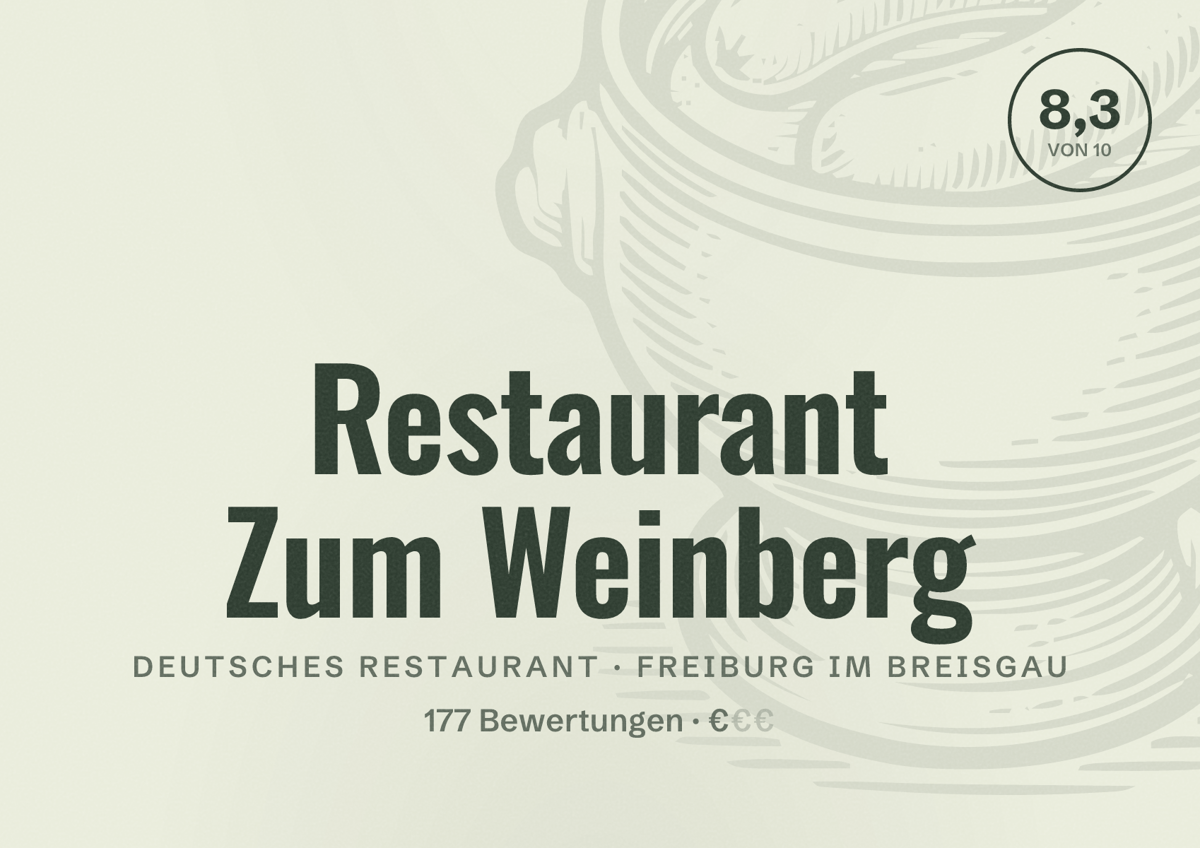 Illustriertes Poster von Restaurant Zum Weinberg, Deutsches Restaurant in Freiburg im Breisgau: Bewertung 8,3 von 10 aus 177 Bewertungen, Preisniveau €