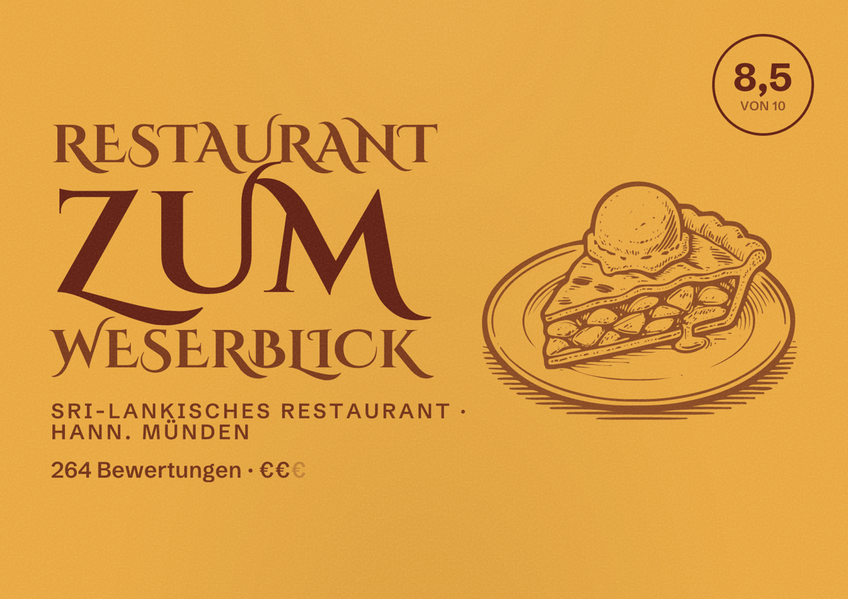 Illustriertes Poster von Restaurant Zum Weserblick, Sri-Lankisches Restaurant in Hann. Münden: Bewertung 8,5 von 10 aus 264 Bewertungen, Preisniveau €€