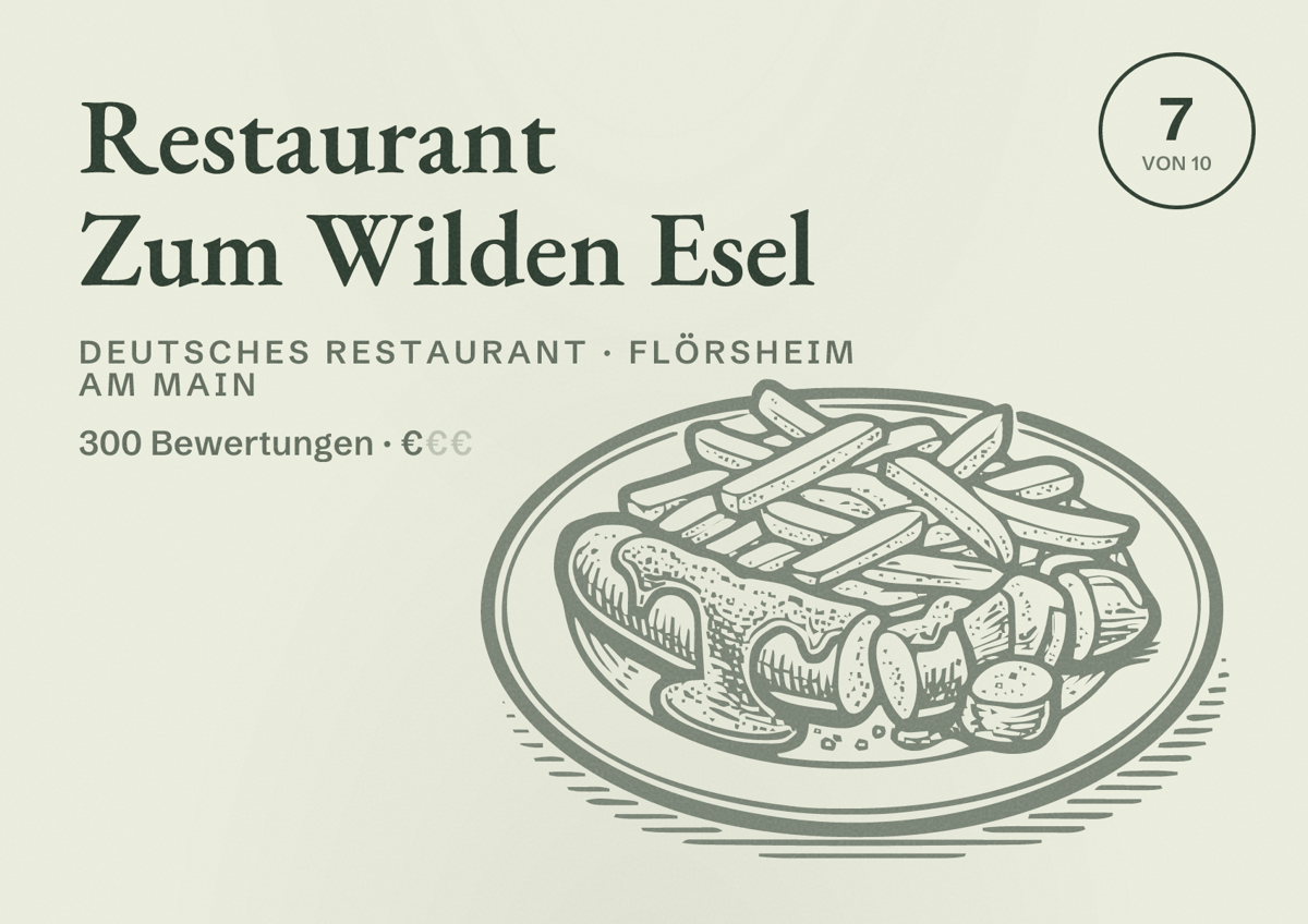 Illustriertes Poster von Restaurant Zum Wilden Esel, Deutsches Restaurant in Flörsheim am Main: Bewertung 7 von 10 aus 300 Bewertungen, Preisniveau €