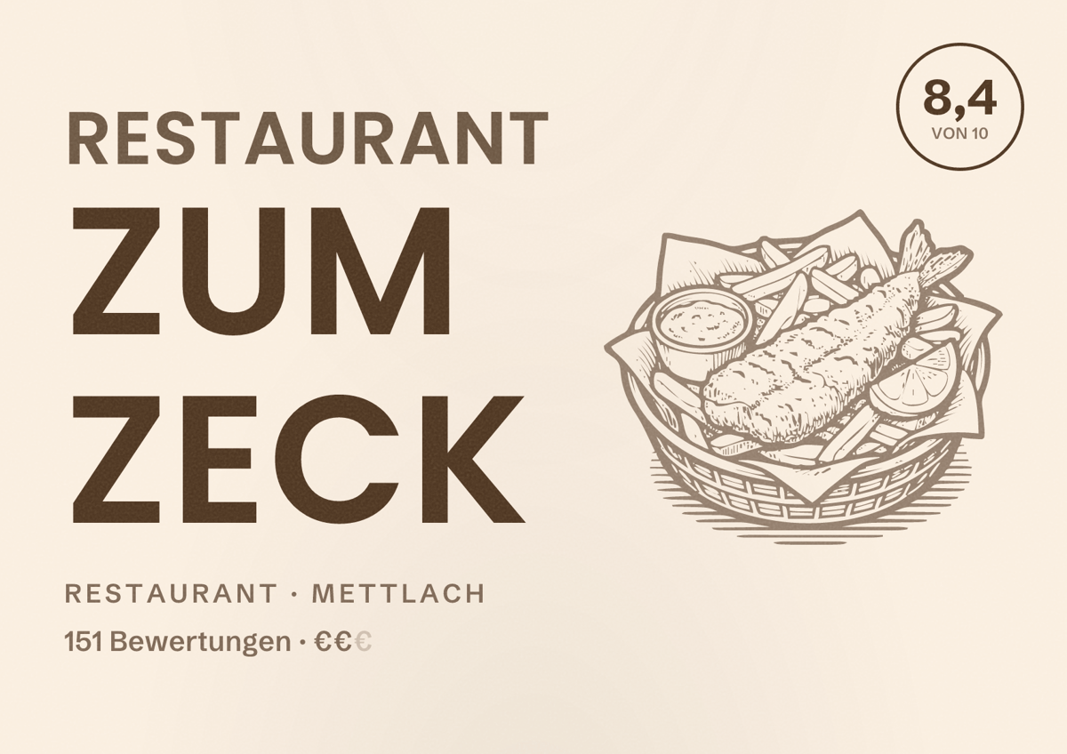 Illustriertes Poster von Restaurant Zum Zeck, Restaurant in Mettlach: Bewertung 8,4 von 10 aus 151 Bewertungen, Preisniveau €€