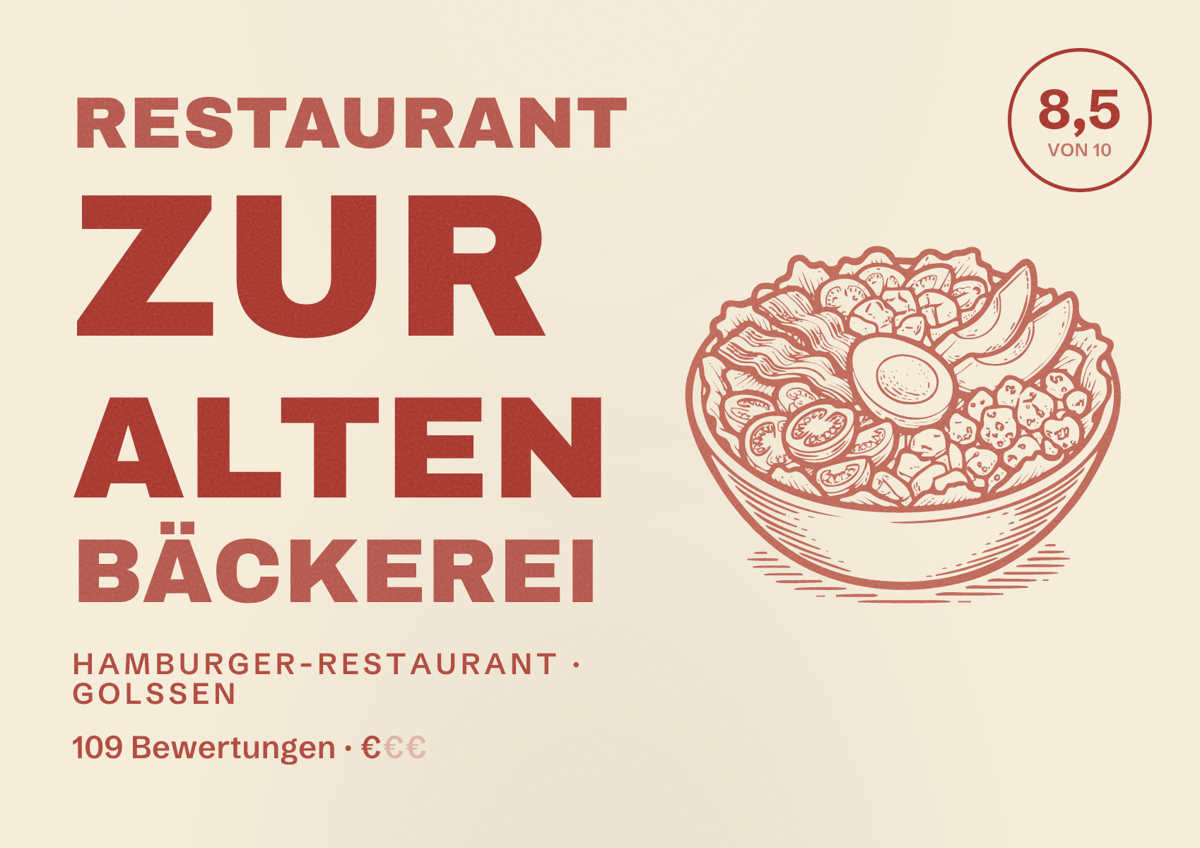 Illustriertes Poster von Restaurant Zur Alten Bäckerei, Hamburger-Restaurant in Golßen: Bewertung 8,5 von 10 aus 109 Bewertungen, Preisniveau €
