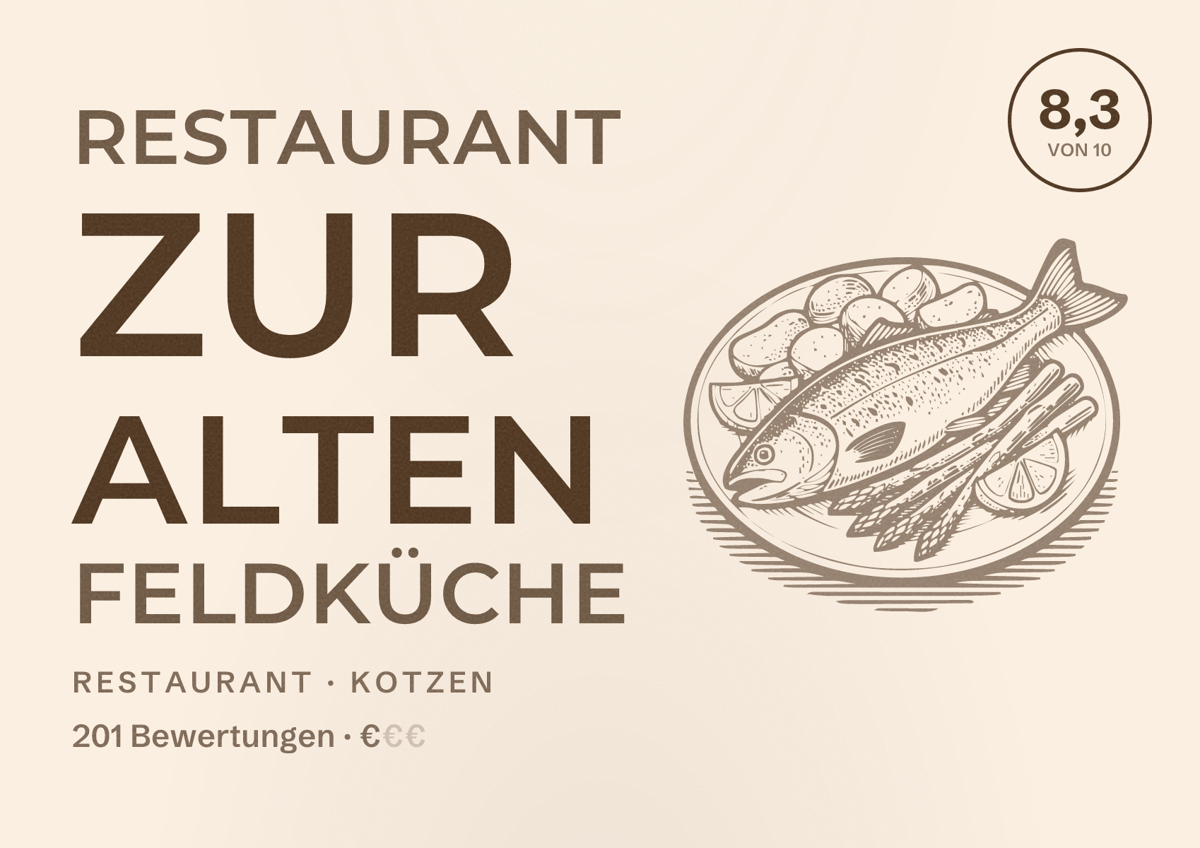 Illustriertes Poster von Restaurant Zur alten Feldküche, Restaurant in Kotzen: Bewertung 8,3 von 10 aus 201 Bewertungen, Preisniveau €