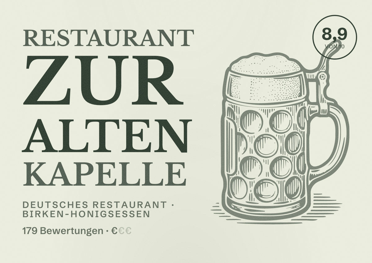 Illustriertes Poster von Restaurant Zur alten Kapelle, Deutsches Restaurant in Birken-Honigsessen: Bewertung 8,9 von 10 aus 179 Bewertungen, Preisniveau €