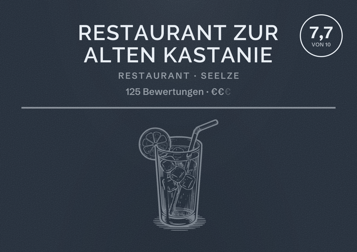 Illustriertes Poster von Restaurant Zur Alten Kastanie, Restaurant in Seelze: Bewertung 7,7 von 10 aus 125 Bewertungen, Preisniveau €€