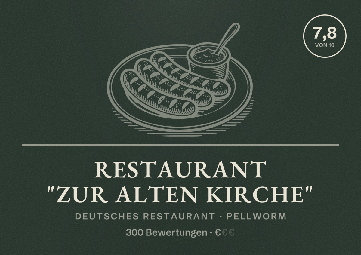 Illustriertes Poster von Restaurant "Zur Alten Kirche", Deutsches Restaurant in Pellworm: Bewertung 7,8 von 10 aus 300 Bewertungen, Preisniveau €