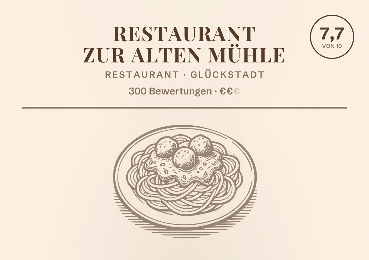 Illustriertes Poster von Restaurant Zur Alten Mühle, Restaurant in Glückstadt: Bewertung 7,7 von 10 aus 300 Bewertungen, Preisniveau €€