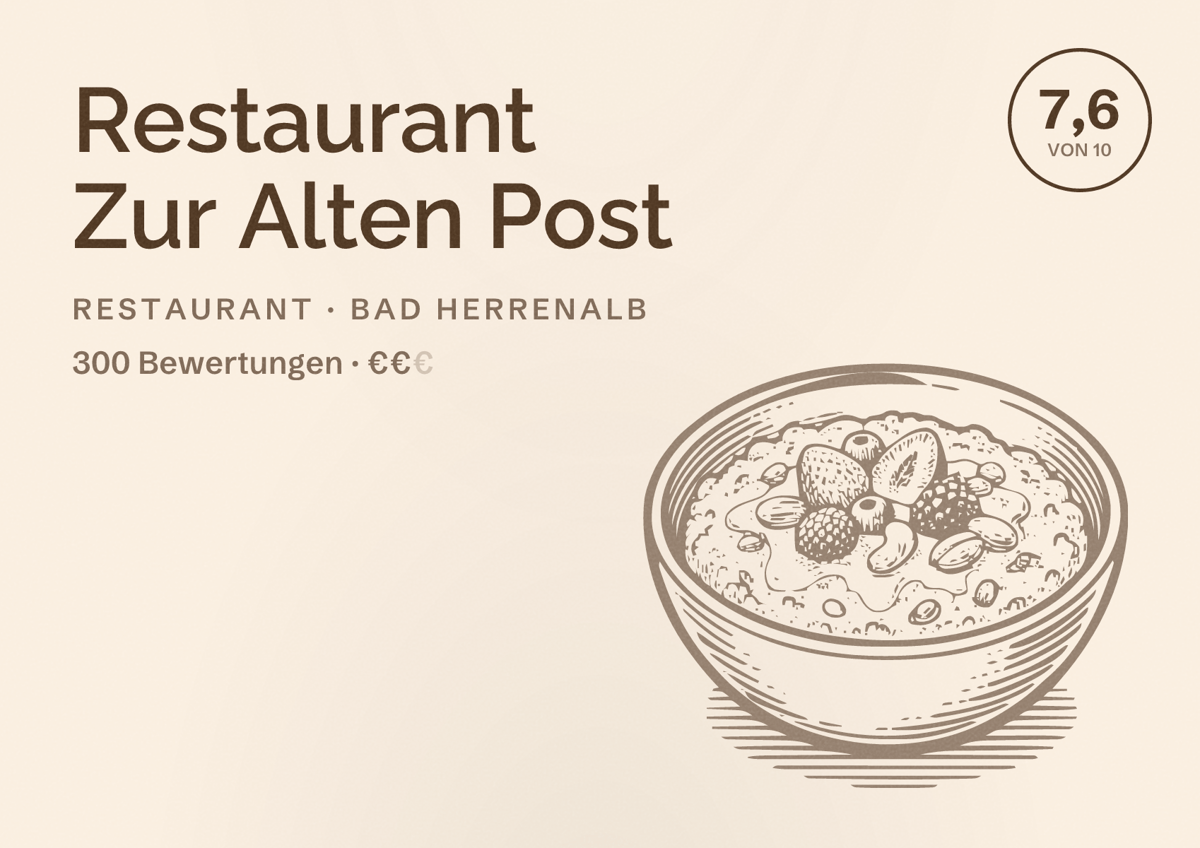 Illustriertes Poster von Restaurant Zur Alten Post, Restaurant in Bad Herrenalb: Bewertung 7,6 von 10 aus 300 Bewertungen, Preisniveau €€