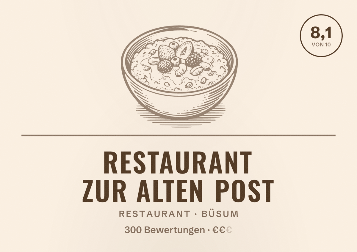 Illustriertes Poster von Restaurant Zur alten Post, Restaurant in Büsum: Bewertung 8,1 von 10 aus 300 Bewertungen, Preisniveau €€