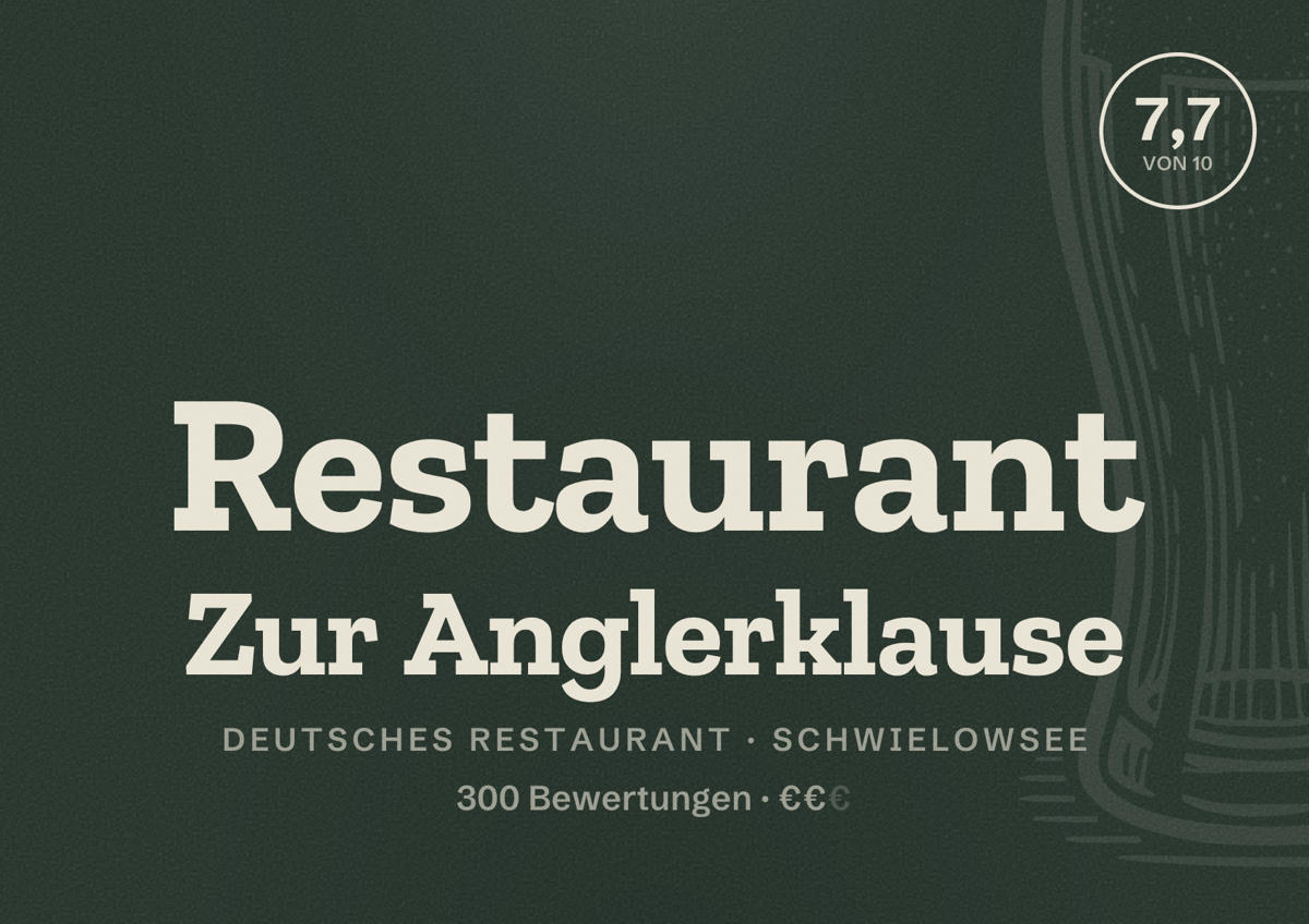 Illustriertes Poster von Restaurant Zur Anglerklause, Deutsches Restaurant in Schwielowsee: Bewertung 7,7 von 10 aus 300 Bewertungen, Preisniveau €€