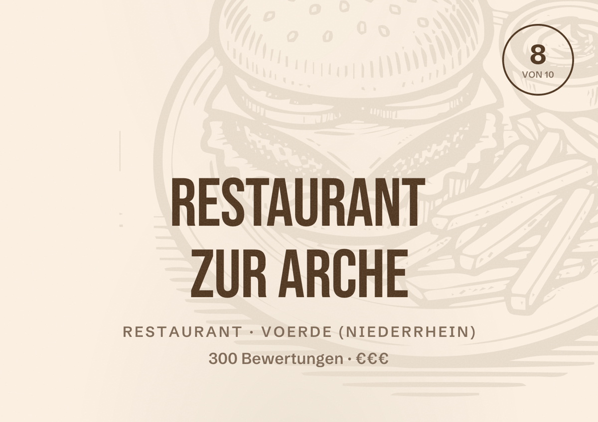 Illustriertes Poster von Restaurant Zur Arche, Restaurant in Voerde (Niederrhein): Bewertung 8 von 10 aus 300 Bewertungen, Preisniveau €€€