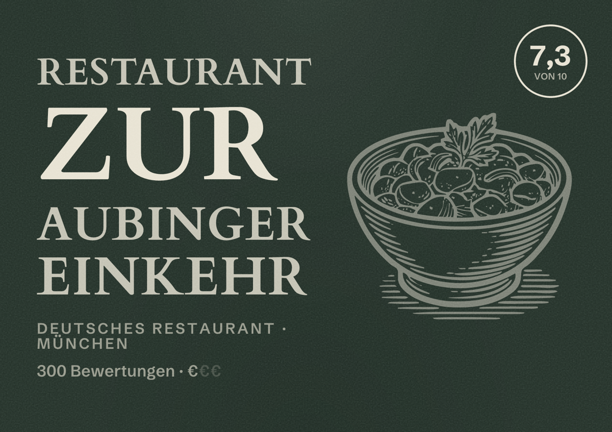 Illustriertes Poster von Restaurant Zur Aubinger Einkehr, Deutsches Restaurant in München: Bewertung 7,3 von 10 aus 300 Bewertungen, Preisniveau €