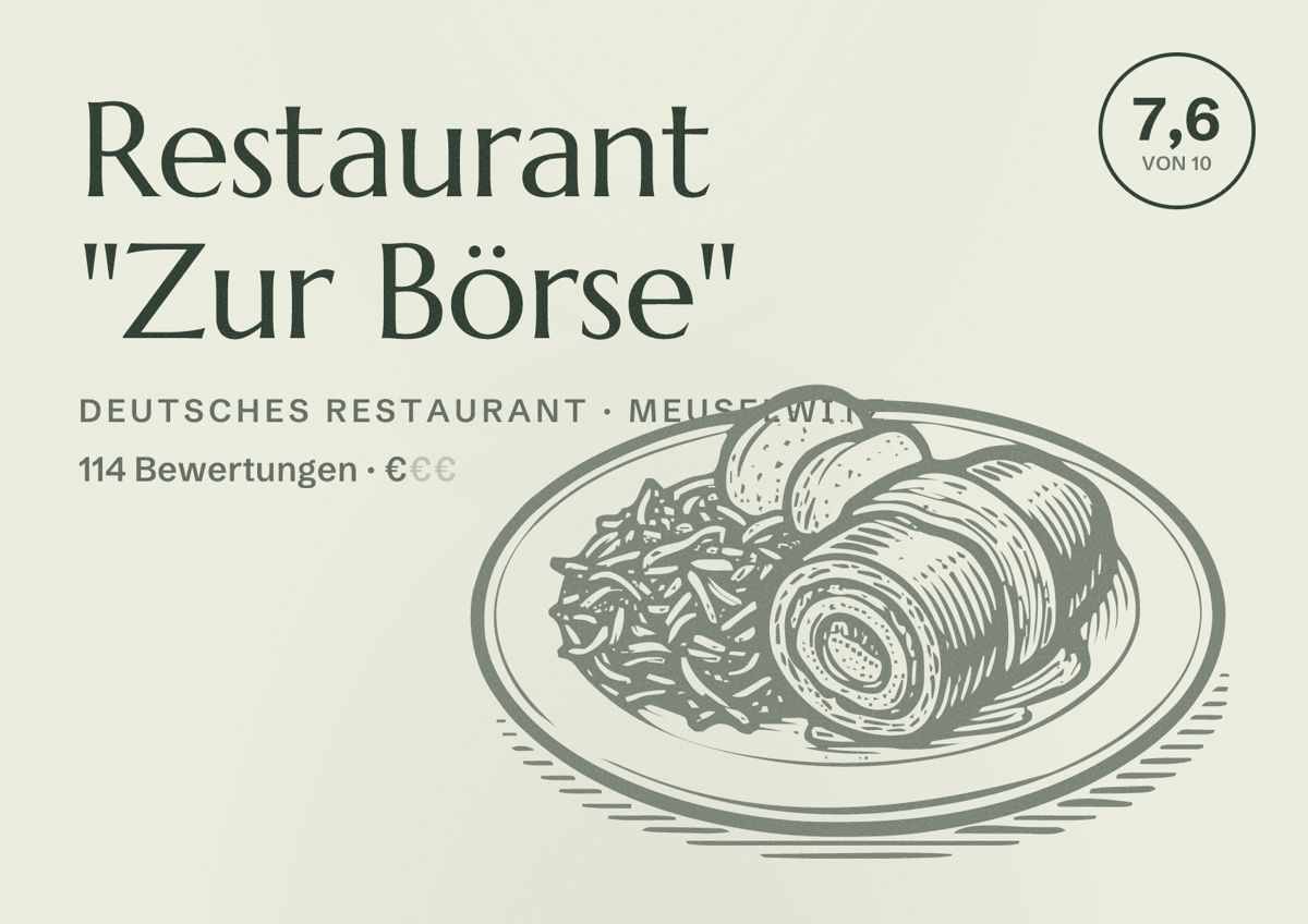 Illustriertes Poster von Restaurant "Zur Börse", Deutsches Restaurant in Meuselwitz: Bewertung 7,6 von 10 aus 114 Bewertungen, Preisniveau €