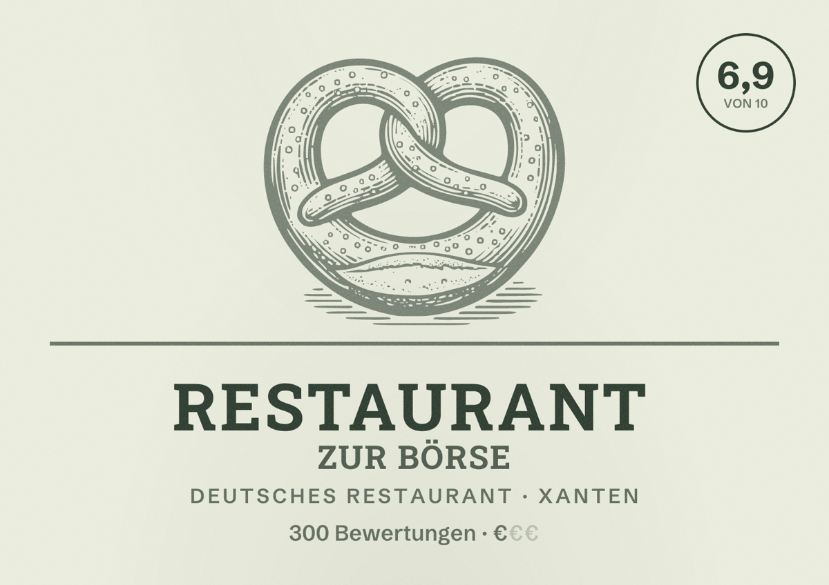 Illustriertes Poster von Restaurant Zur Börse, Deutsches Restaurant in Xanten: Bewertung 6,9 von 10 aus 300 Bewertungen, Preisniveau €