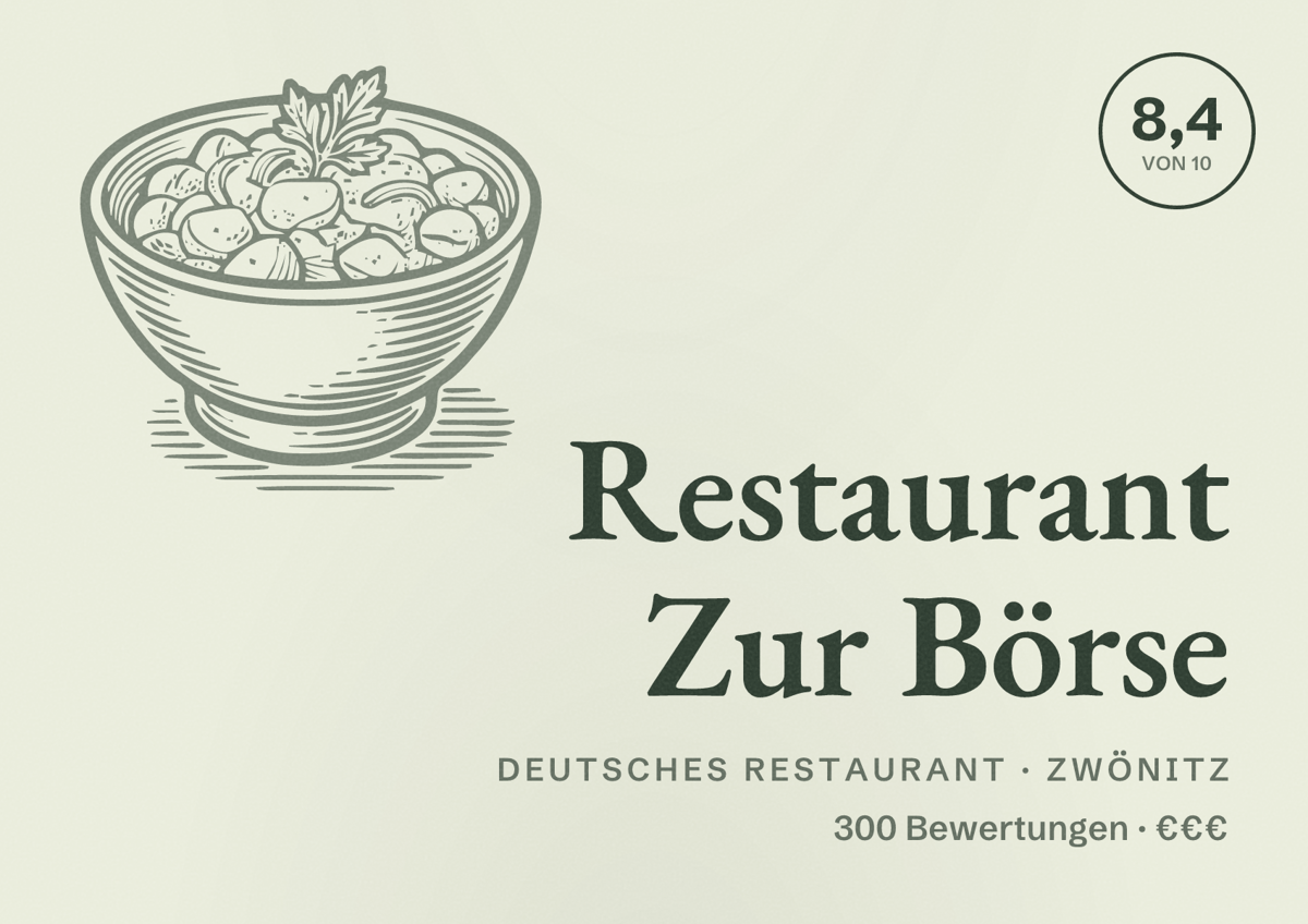 Illustriertes Poster von Restaurant Zur Börse, Deutsches Restaurant in Zwönitz: Bewertung 8,4 von 10 aus 300 Bewertungen, Preisniveau €€€