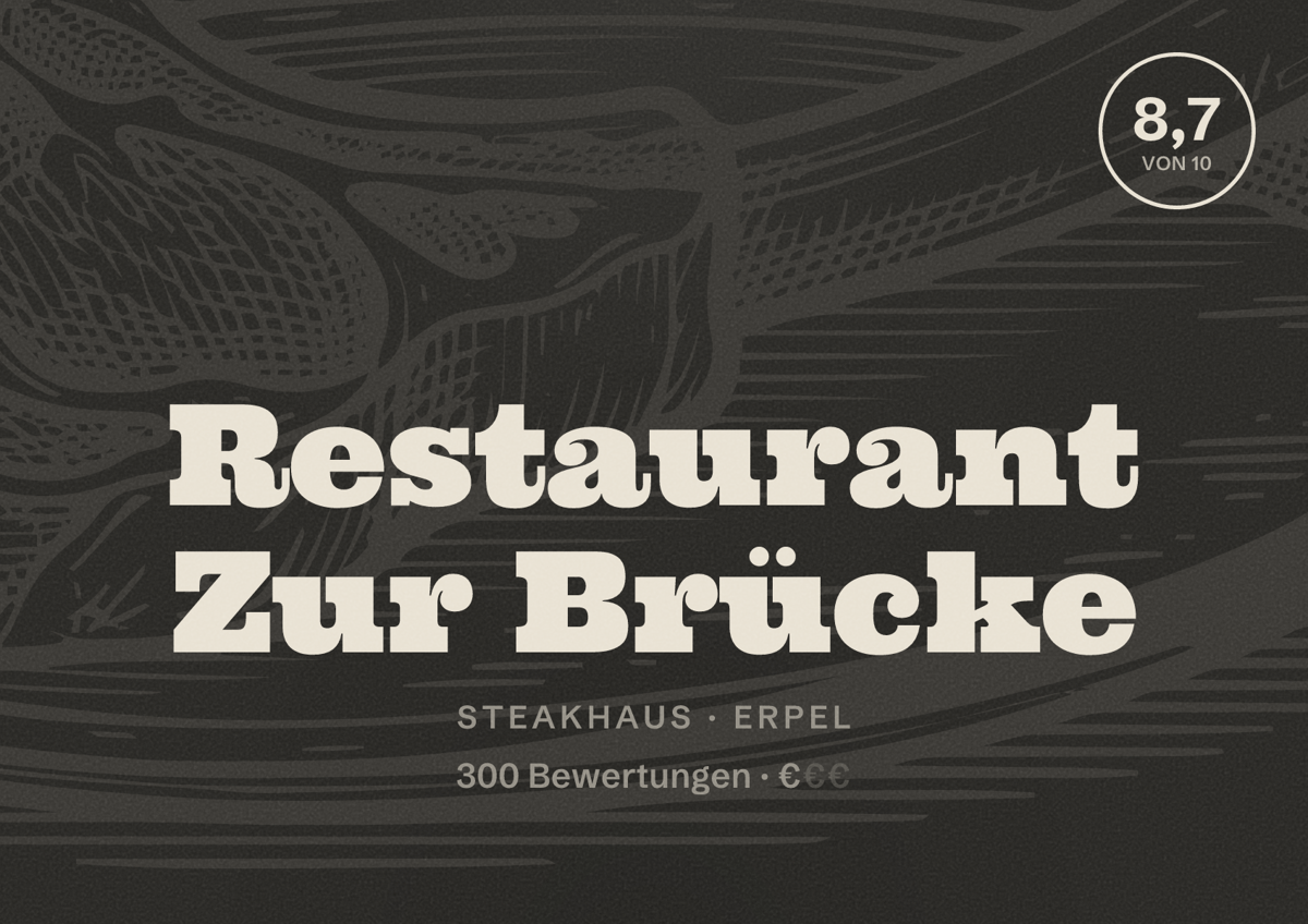 Illustriertes Poster von Restaurant Zur Brücke, Steakhaus in Erpel: Bewertung 8,7 von 10 aus 300 Bewertungen, Preisniveau €