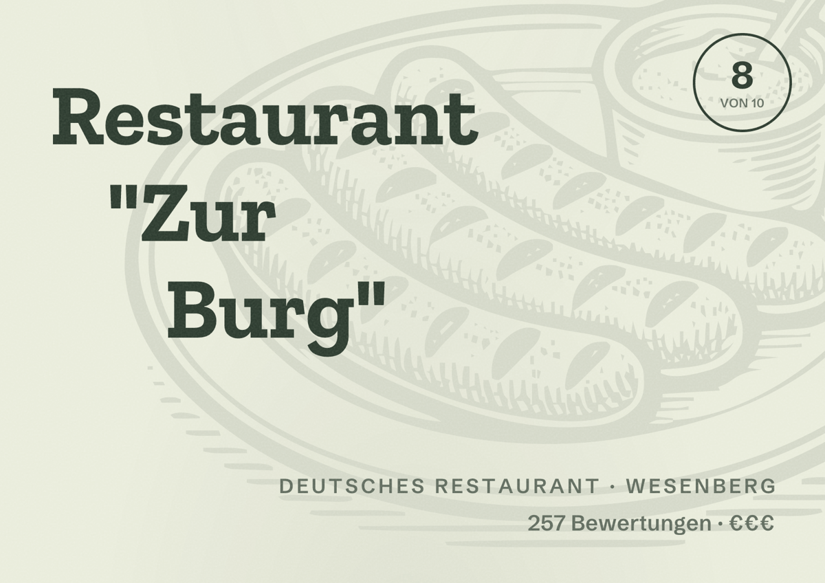 Illustriertes Poster von Restaurant "Zur Burg", Deutsches Restaurant in Wesenberg: Bewertung 8 von 10 aus 257 Bewertungen, Preisniveau €€€