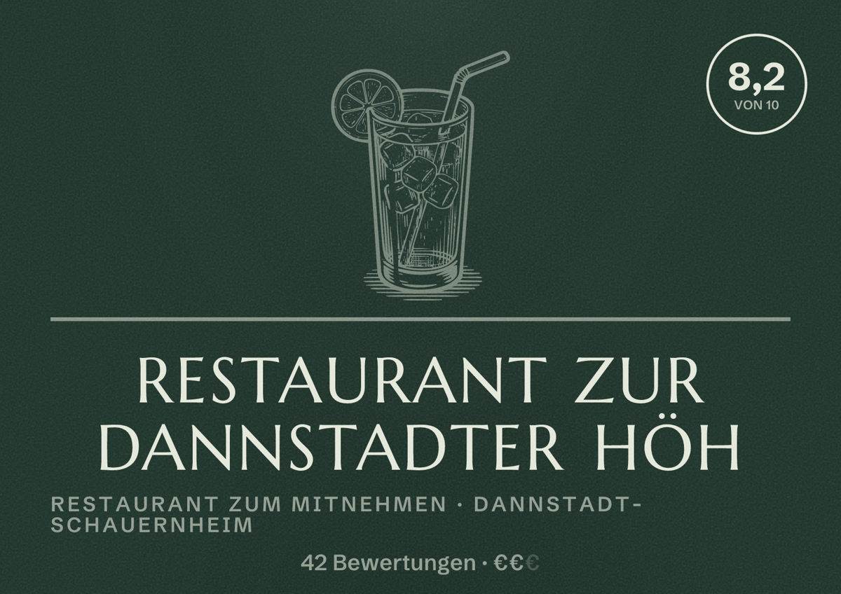 Illustriertes Poster von Restaurant zur Dannstadter Höh, Restaurant zum Mitnehmen in Dannstadt-Schauernheim: Bewertung 8,2 von 10 aus 42 Bewertungen, Preisniveau €€