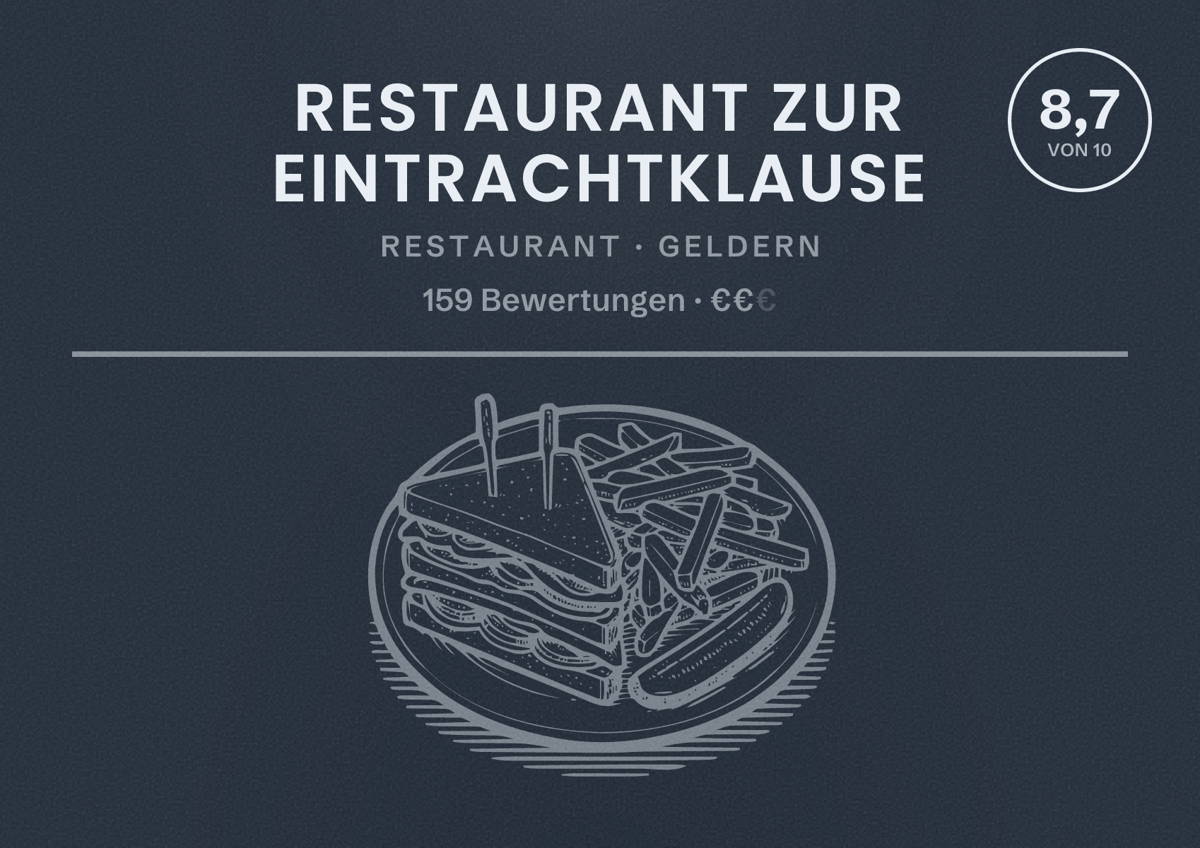 Illustriertes Poster von Restaurant zur Eintrachtklause, Restaurant in Geldern: Bewertung 8,7 von 10 aus 159 Bewertungen, Preisniveau €€