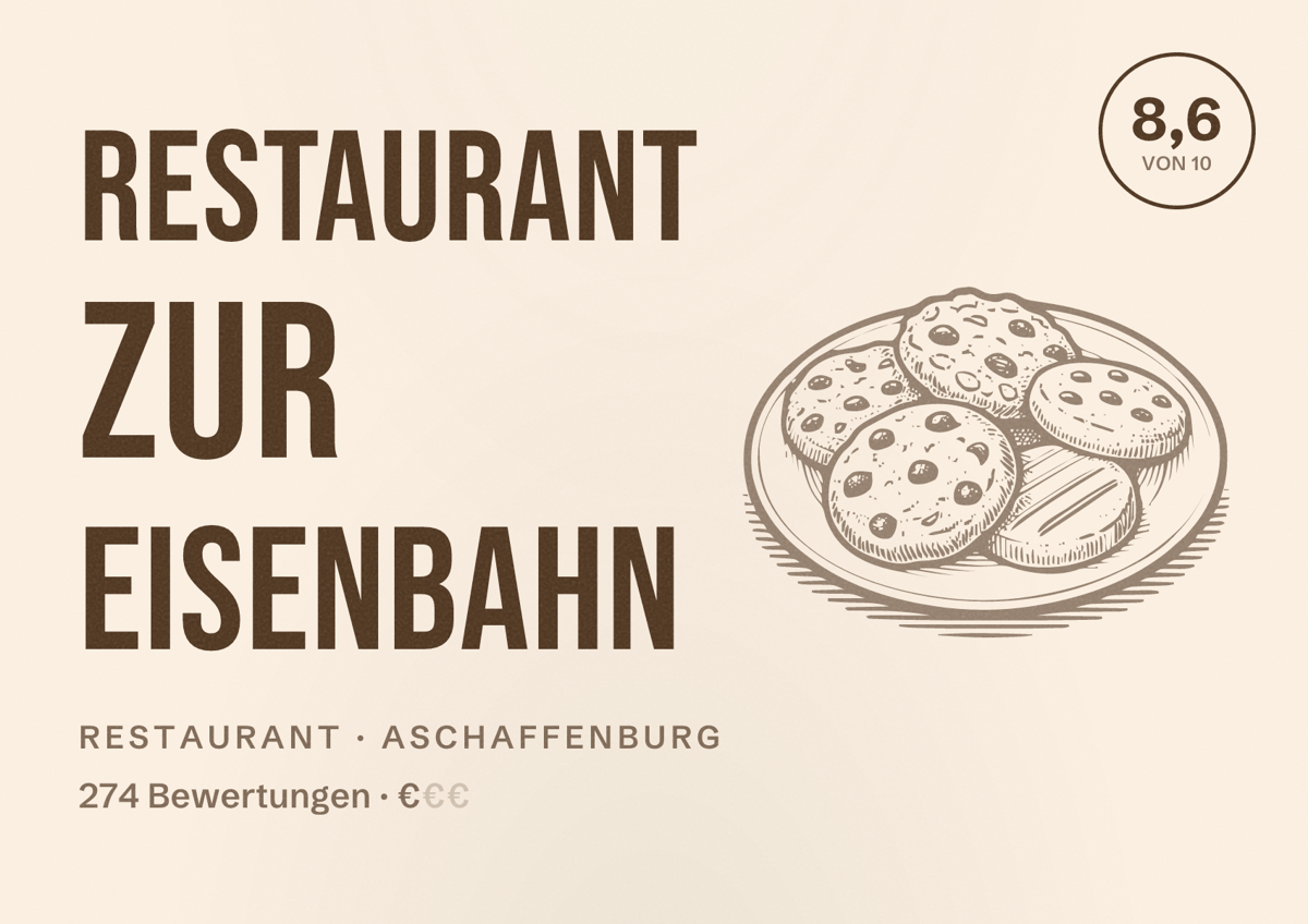 Illustriertes Poster von Restaurant Zur Eisenbahn, Restaurant in Aschaffenburg: Bewertung 8,6 von 10 aus 274 Bewertungen, Preisniveau €