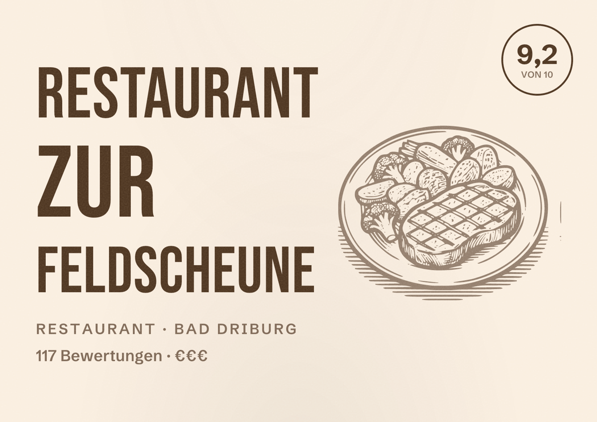 Illustriertes Poster von Restaurant Zur Feldscheune, Restaurant in Bad Driburg: Bewertung 9,2 von 10 aus 117 Bewertungen, Preisniveau €€€