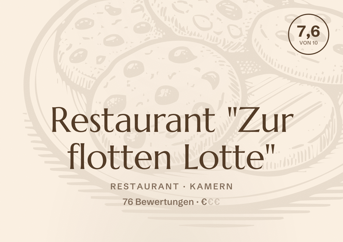 Illustriertes Poster von Restaurant "Zur flotten Lotte", Restaurant in Kamern: Bewertung 7,6 von 10 aus 76 Bewertungen, Preisniveau €