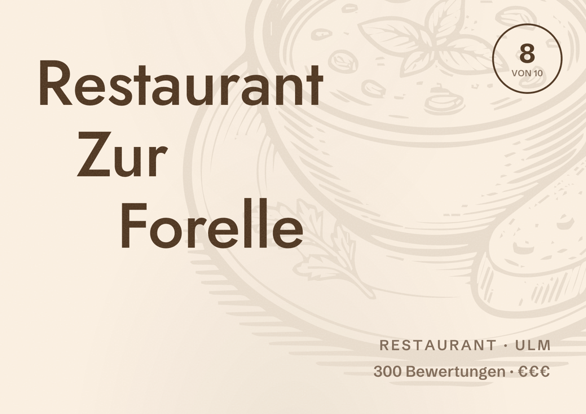 Illustriertes Poster von Restaurant Zur Forelle, Restaurant in Ulm: Bewertung 8 von 10 aus 300 Bewertungen, Preisniveau €€€