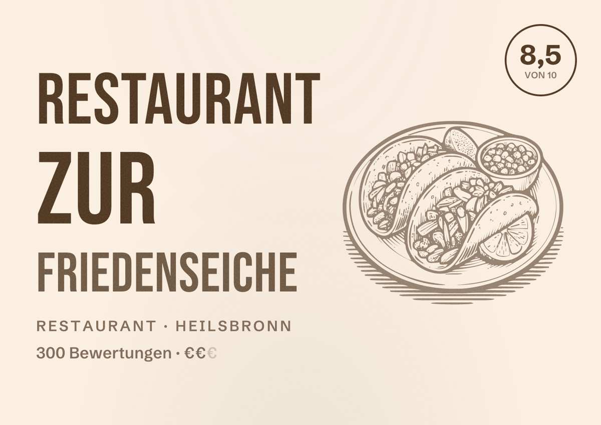 Illustriertes Poster von Restaurant Zur Friedenseiche, Restaurant in Heilsbronn: Bewertung 8,5 von 10 aus 300 Bewertungen, Preisniveau €€