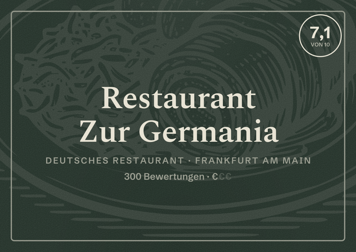 Illustriertes Poster von Restaurant Zur Germania, Deutsches Restaurant in Frankfurt am Main: Bewertung 7,1 von 10 aus 300 Bewertungen, Preisniveau €