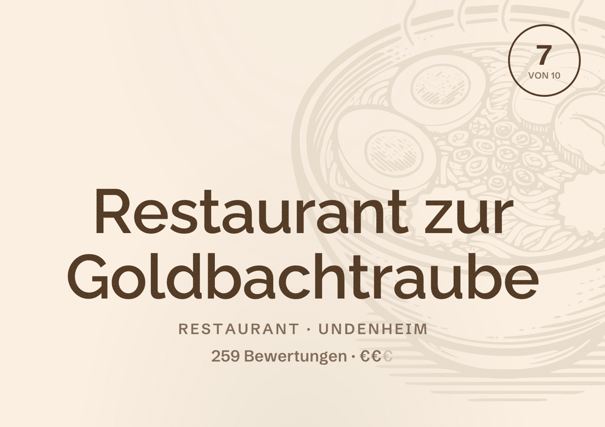Illustriertes Poster von Restaurant zur Goldbachtraube, Restaurant in Undenheim: Bewertung 7 von 10 aus 259 Bewertungen, Preisniveau €€