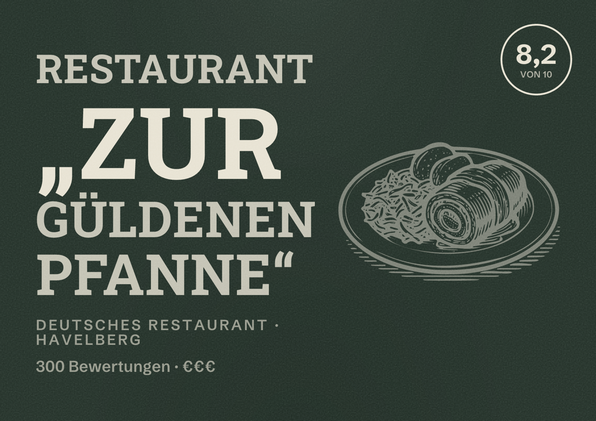 Illustriertes Poster von Restaurant „Zur Güldenen Pfanne“, Deutsches Restaurant in Havelberg: Bewertung 8,2 von 10 aus 300 Bewertungen, Preisniveau €€€