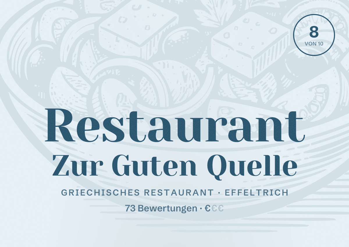 Illustriertes Poster von Restaurant Zur Guten Quelle, Griechisches Restaurant in Effeltrich: Bewertung 8 von 10 aus 73 Bewertungen, Preisniveau €