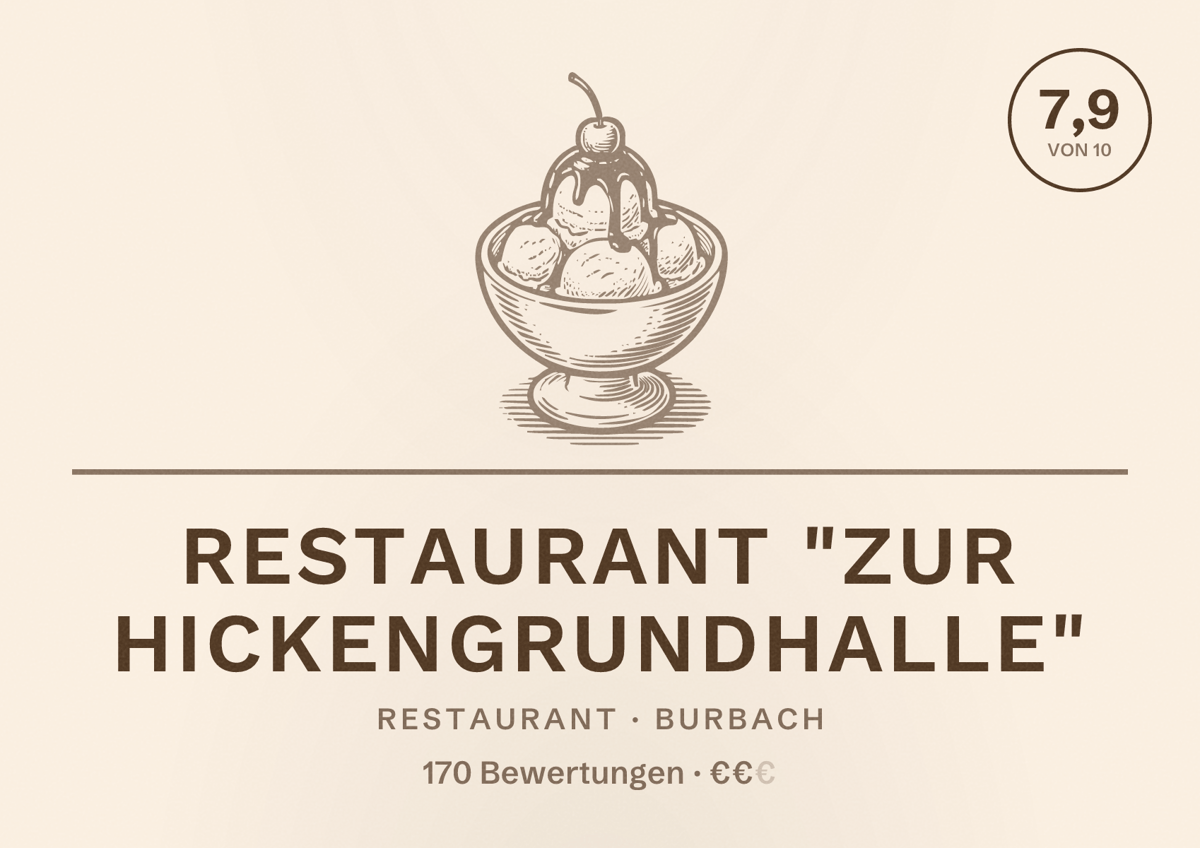 Illustriertes Poster von Restaurant "Zur Hickengrundhalle", Restaurant in Burbach: Bewertung 7,9 von 10 aus 170 Bewertungen, Preisniveau €€