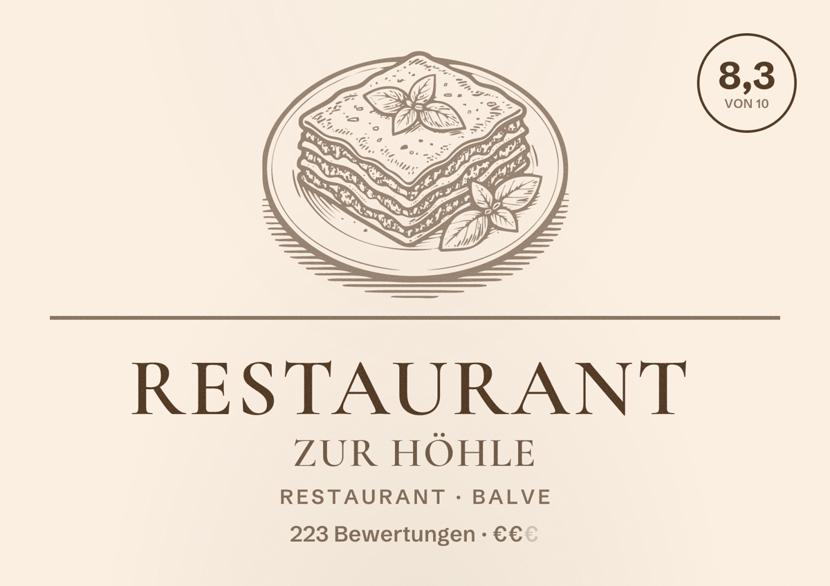 Illustriertes Poster von Restaurant zur Höhle, Restaurant in Balve: Bewertung 8,3 von 10 aus 223 Bewertungen, Preisniveau €€