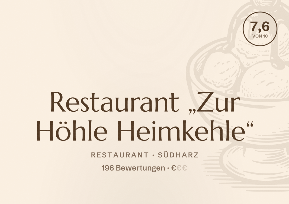 Illustriertes Poster von Restaurant „Zur Höhle Heimkehle“, Restaurant in Südharz: Bewertung 7,6 von 10 aus 196 Bewertungen, Preisniveau €